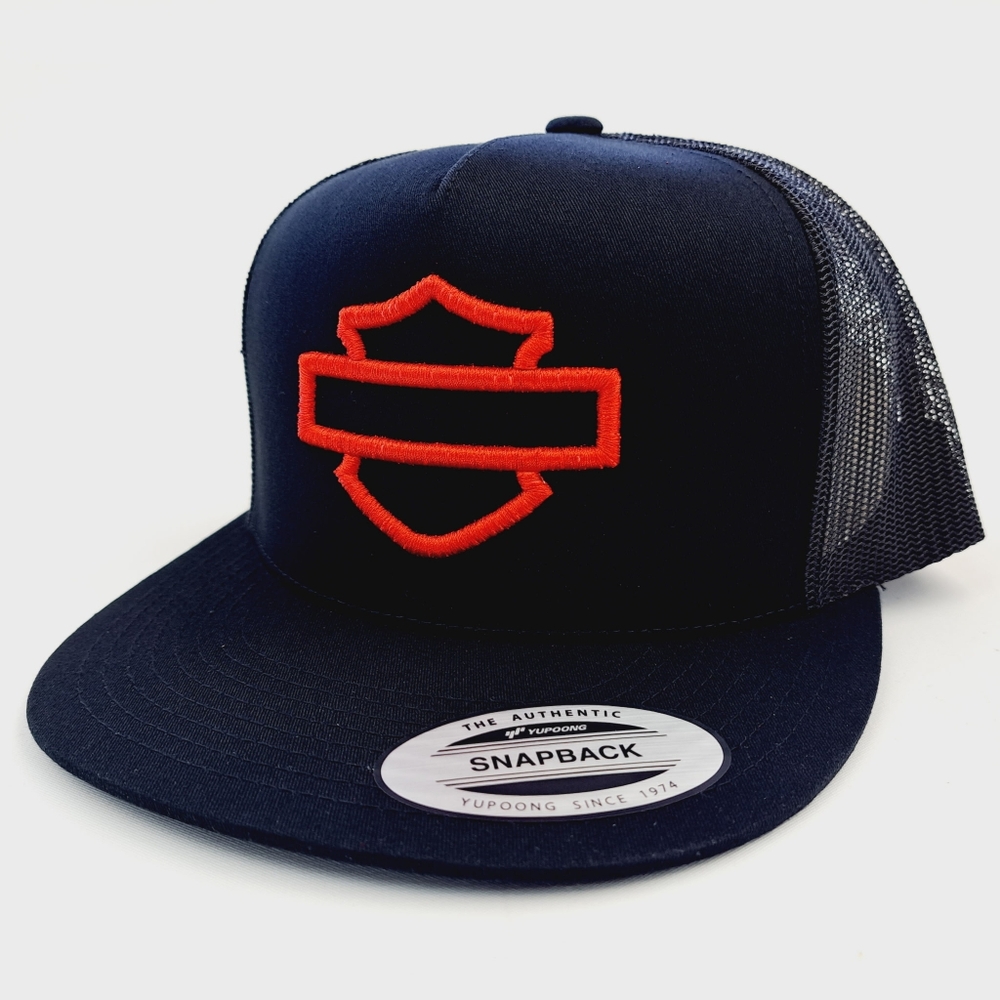Biker Retro Cap Hat Harley-Davidson Black and Red Bar Shield Custom Flat Bill
